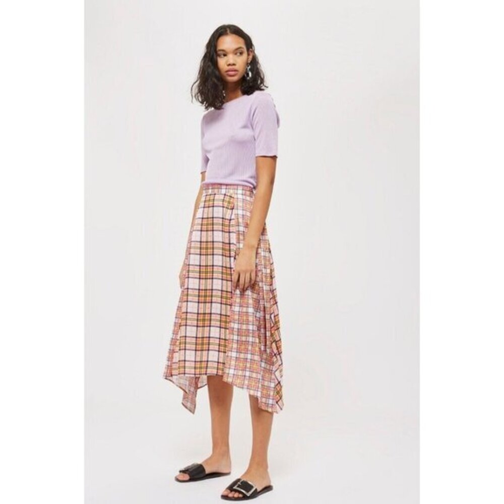 TOPSHOP Skirt Midi Plaid Asymmetrical Skirt Pink Check Gingham SZ 8 US NEW